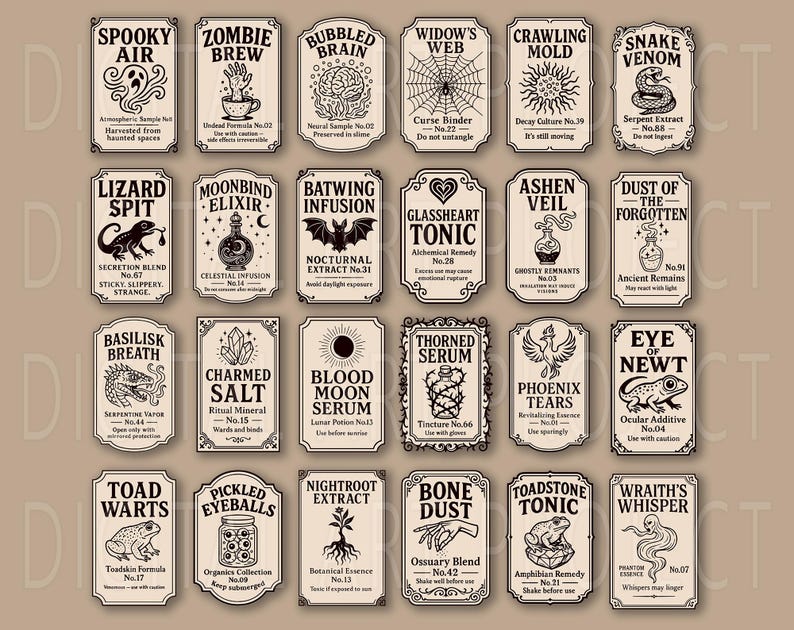 May include: A collection of vintage-style potion labels with various spooky names and illustrations. Each label features a unique design and text, including "Spooky Air," "Zombie Brew," and "Snake Venom."