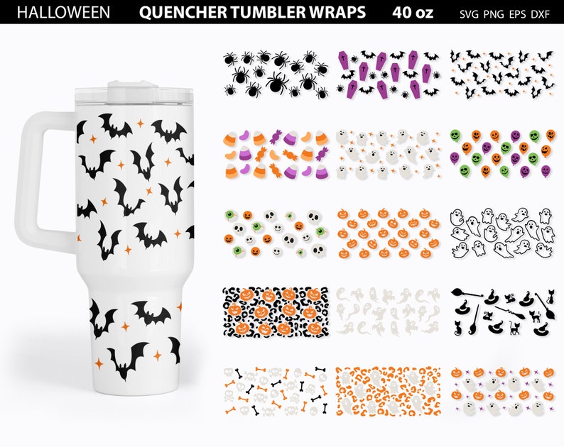 May include: Set of 10 Halloween-themed tumbler wraps for a 40 oz tumbler. The designs include bats, ghosts, pumpkins, candy corn, skulls, and more. SVG, PNG, EPS, and DXF files are included.