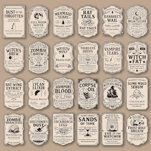 May include: A collection of vintage-style apothecary labels with various spooky names and illustrations. The labels feature text like "Dust of the Forgotten," "Zombie Brew," and "Vampire Tears," perfect for Halloween or gothic-themed crafts.
