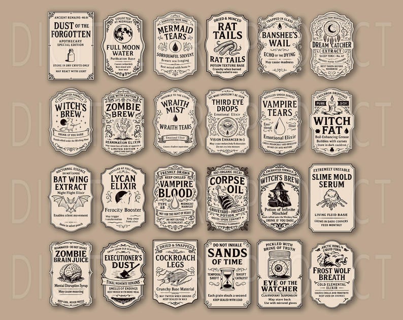 May include: A collection of vintage-style apothecary labels with various spooky names and illustrations. The labels feature text like "Dust of the Forgotten," "Zombie Brew," and "Vampire Tears," perfect for Halloween or gothic-themed crafts.