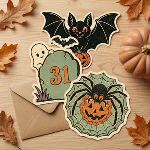 May include: Three die-cut Halloween stickers featuring a black bat perched on a pumpkin, a white ghost peeking over a green tombstone with the orange number 31, and a black spider sitting on an orange jack-o'-lantern inside a green web.
