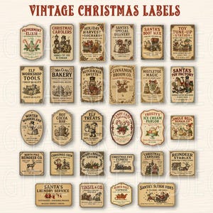 May include: A collection of vintage Christmas labels with various designs and text. Labels include "Peppermint Elixir," "Christmas Carolers," "Santa's Boot Wax," and "Santa's Toy Factory." The labels are in shades of brown and beige.