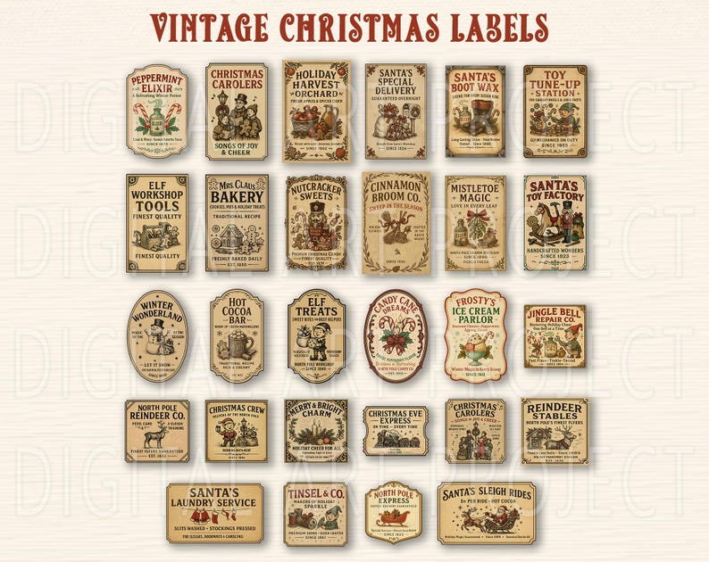 May include: A collection of vintage Christmas labels with various designs and text. Labels include "Peppermint Elixir," "Christmas Carolers," "Santa's Boot Wax," and "Santa's Toy Factory." The labels are in shades of brown and beige.