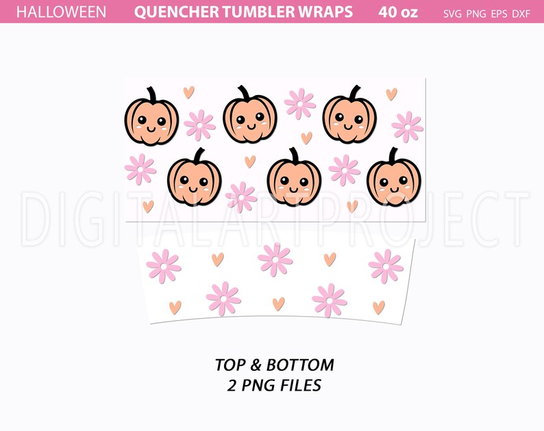 K&ouml;nnte beinhalten: Zwei 40-Unzen-Becherumschl&auml;ge mit einem Halloween-Thema mit rosa Blumen, Herzen und orangefarbenen K&uuml;rbissen mit niedlichen Gesichtern. Der Text "TOP & BOTTOM 2 PNG FILES" befindet sich am unteren Rand des Bildes.