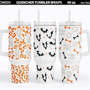 May include: Three 40 ounce white tumblers with different Halloween themed designs. The first tumbler has a ghost and leopard print design. The second tumbler has a bat and star design. The third tumbler has a skull and crossbones design.