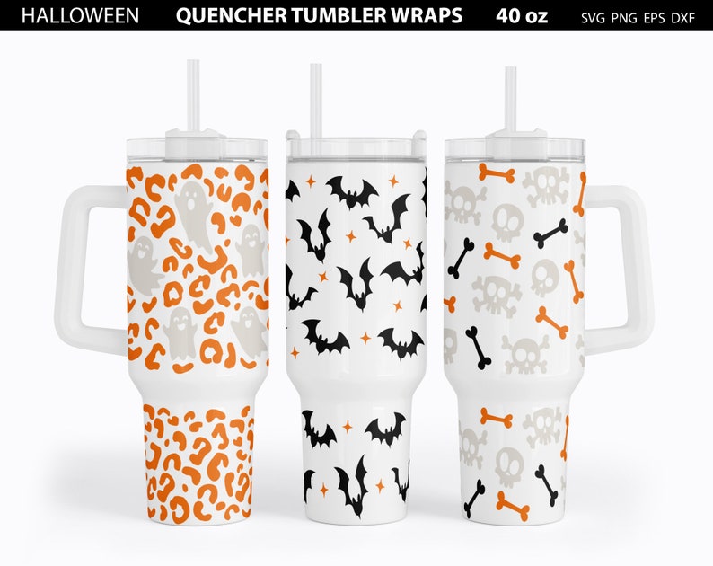 May include: Three 40 ounce white tumblers with different Halloween themed designs. The first tumbler has a ghost and leopard print design. The second tumbler has a bat and star design. The third tumbler has a skull and crossbones design.