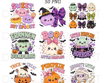 Halloween Dumpling PNG Bundle, Kawaii Kids Shirt Designs, Ghost Witch Pumpkin Clipart, Sublimation Graphics