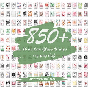 May include: A collection of 850+ 16 ounce can glass wraps in various designs and colors. The designs include holiday themes, animals, and text. The text includes phrases like "Holly Jolly Vibes", "Mama Needs Coffee", and "Let's Go Crazy". The image also includes the text "850+ 16 oz Can Glass Wraps svg png dxf commercial use".