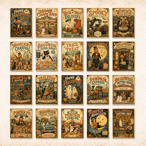 May include: A collection of twenty rectangular vintage-style Halloween posters arranged in a grid. Each poster features distinct illustrations of pumpkins, ghosts, skeletons, and witches with text such as Happy Halloween, Midnight Candy Shop, and Trick or Treat.