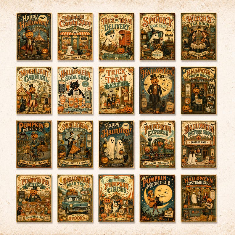May include: A collection of twenty rectangular vintage-style Halloween posters arranged in a grid. Each poster features distinct illustrations of pumpkins, ghosts, skeletons, and witches with text such as Happy Halloween, Midnight Candy Shop, and Trick or Treat.