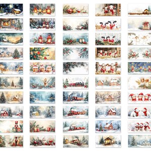May include: A set of 36 Christmas cards featuring watercolor illustrations of winter scenes. The cards depict various winter scenes, including snow-covered houses, trees, and animals. The cards are perfect for sending holiday greetings to friends and family.