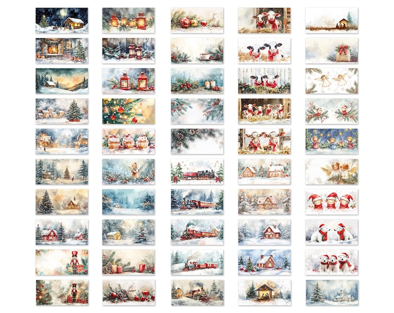 May include: A set of 36 Christmas cards featuring watercolor illustrations of winter scenes. The cards depict various winter scenes, including snow-covered houses, trees, and animals. The cards are perfect for sending holiday greetings to friends and family.