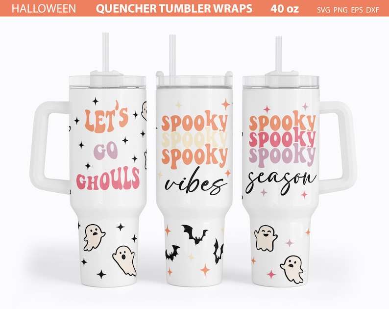May include: Three white 40 ounce tumbler cups with different Halloween designs. The first cup has the text "Let's Go Ghouls" in a retro font with pink, orange, and yellow colors. The second cup has the text "Spooky Vibes" in a retro font with pink, orange, and yellow colors. The third cup has the text "Spooky Season" in a retro font with pink, orange, and yellow colors. All three cups have a white handle and a clear lid with a straw.