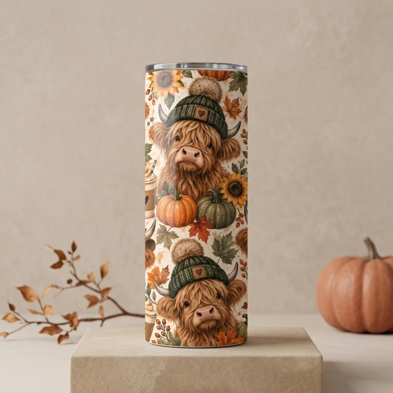 May include: A cylindrical tumbler featuring a repeating pattern of brown Highland cows wearing green knit beanies with pom-poms. The design includes orange and green pumpkins, yellow sunflowers, autumn leaves, and coffee cups on a cream background.