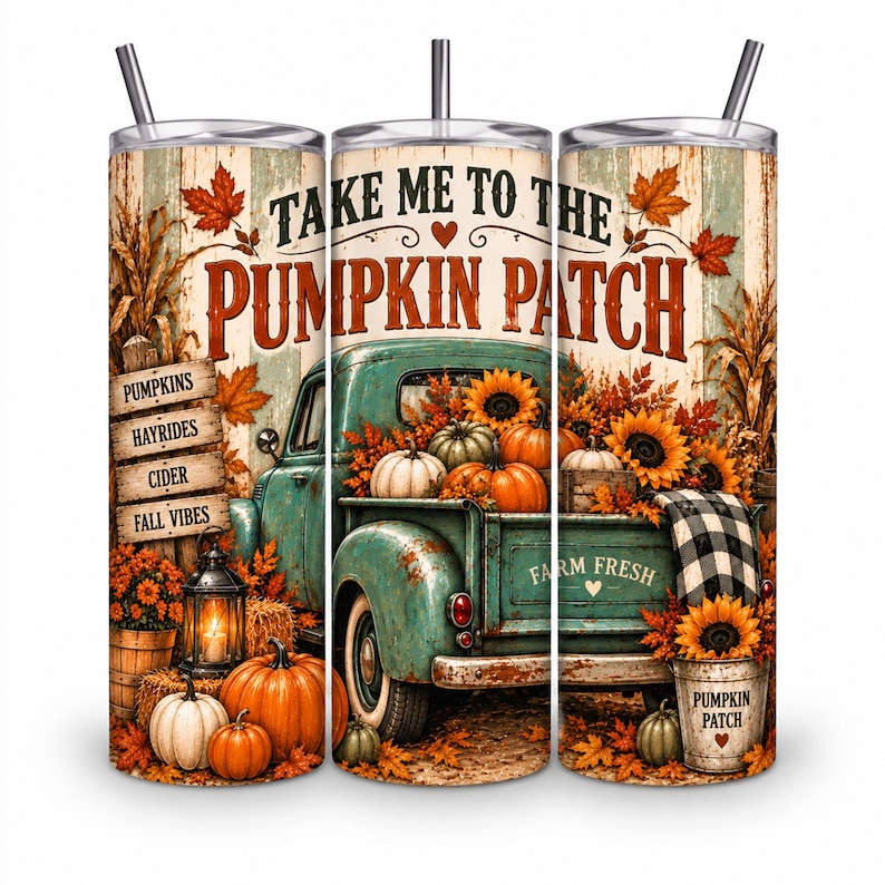 May include: A cylindrical tumbler with a straw featuring a teal vintage truck, pumpkins, sunflowers, and autumn leaves. The text reads "TAKE ME TO THE PUMPKIN PATCH" and "FARM FRESH" with a wooden sign listing "PUMPKINS, HAYRIDES, CIDER, FALL VIBES."