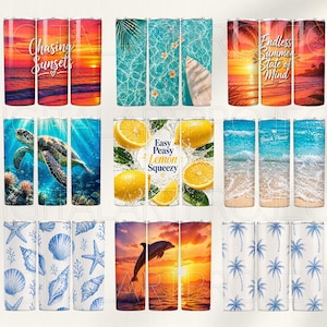 Puede incluir: Una colecci&oacute;n de vasos aislados con varios dise&ntilde;os. Algunos presentan escenas de playa con textos como "Chasing Sunsets" y "Endless Summer State of Mind". Otros muestran tortugas marinas, limones y delfines. Los vasos son cil&iacute;ndricos y probablemente de acero inoxidable.