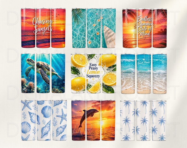 Puede incluir: Una colecci&oacute;n de vasos aislados con varios dise&ntilde;os. Algunos presentan escenas de playa con textos como "Chasing Sunsets" y "Endless Summer State of Mind". Otros muestran tortugas marinas, limones y delfines. Los vasos son cil&iacute;ndricos y probablemente de acero inoxidable.