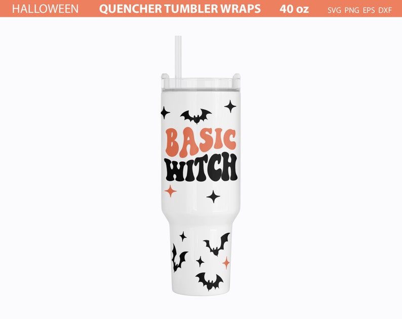 May include: White 40 ounce tumbler with a black and orange design. The tumbler has a straw and says "Basic Witch" in a retro font with bats and stars.