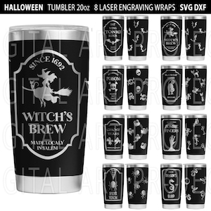 May include: Black 20oz tumbler with laser-engraved Halloween designs. Features include a witch on a broom, bats, and text like "Witch's Brew" and "Since 1692." Other designs include "Poison" and "Zombie Fingers."