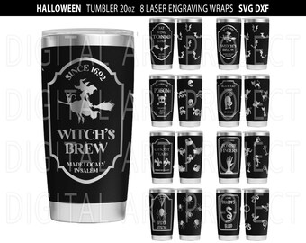 Può includere: Bicchiere nero da 590 ml con disegni di Halloween incisi al laser. Include una strega su una scopa, pipistrelli e testo come "Witch's Brew" e "Since 1692". Altri disegni includono "Poison" e "Zombie Fingers".