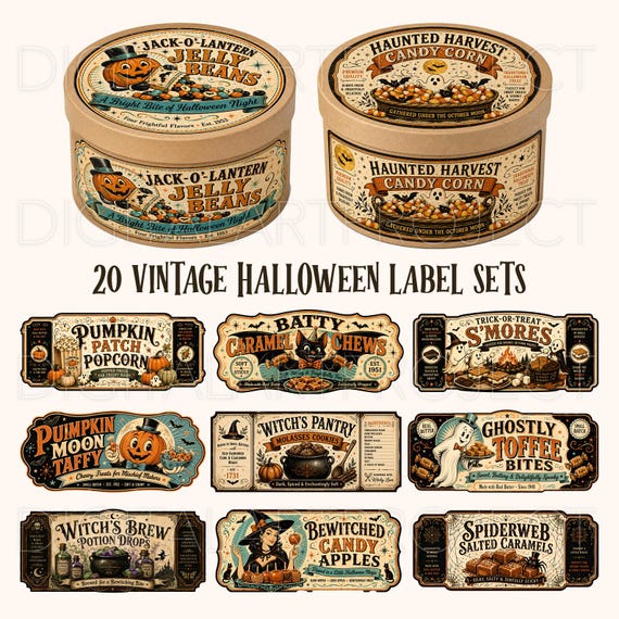 Halloween Labels PNG Bundle, Vintage Halloween Labels, Printable Candy Labels, Halloween Stickers, Packaging Labels, Halloween Sublimation