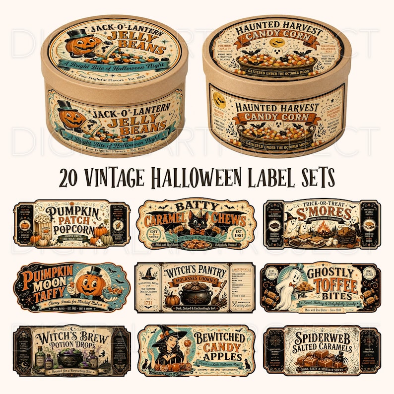 K&ouml;nnte beinhalten: Ein Set aus 20 Halloween-Etiketten im Vintage-Stil mit runden Beh&auml;lterdeckeln und rechteckigen Designs. Die Etiketten zeigen Illustrationen von K&uuml;rbissen, Geistern, schwarzen Katzen und Hexen mit Texten wie Jack-O'-Lantern Jelly Beans, Haunted Harvest Candy Corn, Pumpkin Patch Popcorn, Batty Caramel Chews, S'Mores, Pumpkin Moon Taffy, Witch's Pantry, Ghostly Toffee Bites, Witch's Brew Potion Drops, Bewitched Candy Apples und Spiderweb Salted Caramels.