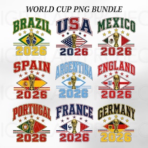 Könnte beinhalten: Ein digitales Grafikpaket mit Logos für die Weltmeisterschaft 2026. Jedes Design enthält den Namen eines Landes, seine Flagge, eine Trophäe und das Jahr 2026. Zu den Ländern gehören Brasilien, USA, Mexiko, Spanien, Argentinien, England, Portugal, Frankreich und Deutschland.