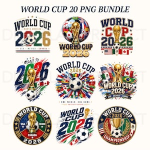 Könnte beinhalten: Eine Sammlung von neun farbenfrohen PNG-Grafiken für die Weltmeisterschaft 2026. Jedes Design zeigt einen Fußball, den Weltpokal, Flaggen und den Text "World Cup 2026". Die Designs enthalten den Text "USA, Mexico, Canada".