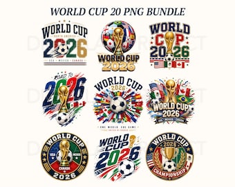 May include: A collection of nine colorful PNG graphics for the World Cup 2026. Each design features a soccer ball, the World Cup trophy, flags, and the text "World Cup 2026". The designs include the text "USA, Mexico, Canada".