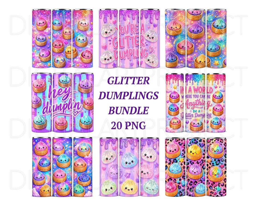 Glitter Dumpling Tumbler Wrap PNG Bundle, 20oz Skinny Tumbler Sublimation, Kawaii Food PNG