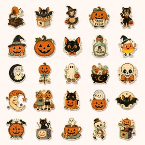 May include: A collection of twenty-five Halloween-themed stickers featuring illustrations of ghosts, pumpkins, black cats, witches, skeletons, and bats. The designs include a poison bottle, a jack-o'-lantern clock, and a candy-filled cauldron.