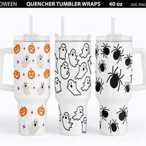 May include: Three white 40 ounce tumblers with lids and straws. The tumblers have different Halloween designs: pumpkins and ghosts, ghosts, and spiders.