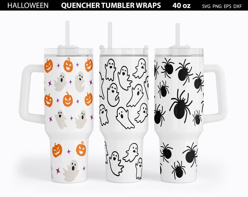 May include: Three white 40 ounce tumblers with lids and straws. The tumblers have different Halloween designs: pumpkins and ghosts, ghosts, and spiders.