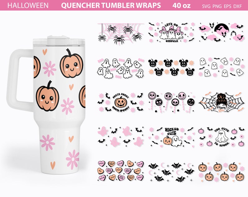 K&ouml;nnte beinhalten: Ein Set mit 10 Halloween-Tumbler-Wraps f&uuml;r einen 1,2-Liter-Tumbler. Die Wraps zeigen verschiedene Designs, darunter Geister, K&uuml;rbisse, Flederm&auml;use, Spinnen und Sch&auml;del in Pink und Schwarz. Der Text auf den Wraps lautet "Let's Go Ghouls", "So Sweet So Spooky", "Wicked Cute" und "Too Cute To Spook".