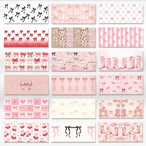 K&ouml;nnte beinhalten: Eine Sammlung von rosa und wei&szlig;en Mustern mit Schleifen, Herzen und Stiefeln. Die Muster umfassen Schleifen auf wei&szlig;em Grund, rote Glitzerschleifen und rosa und wei&szlig;e Streifen. Geeignet f&uuml;r verschiedene Bastelprojekte.