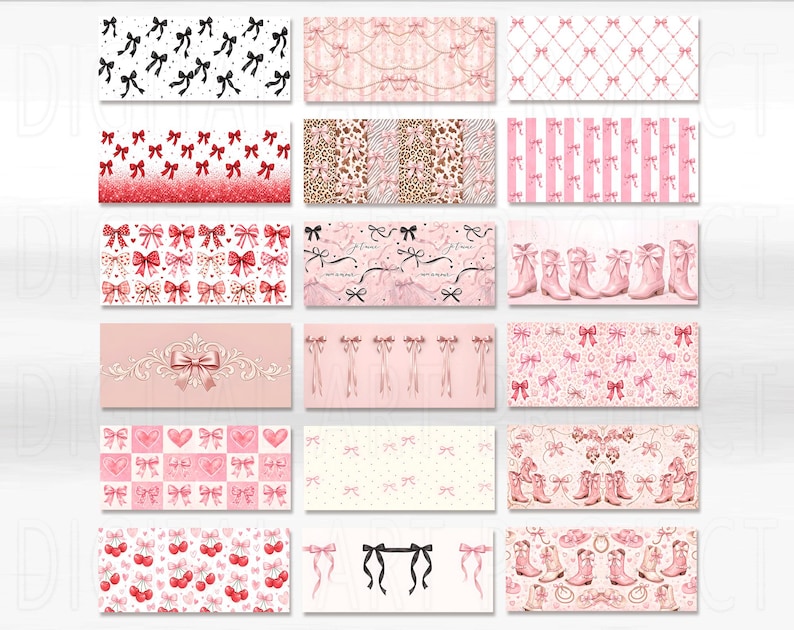 K&ouml;nnte beinhalten: Eine Sammlung von rosa und wei&szlig;en Mustern mit Schleifen, Herzen und Stiefeln. Die Muster umfassen Schleifen auf wei&szlig;em Grund, rote Glitzerschleifen und rosa und wei&szlig;e Streifen. Geeignet f&uuml;r verschiedene Bastelprojekte.