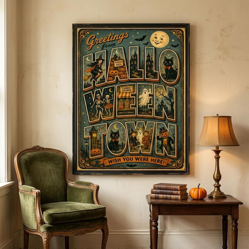 May include: A rectangular wall poster with a dark teal background featuring the text Greetings from HALLOWEEN TOWN WISH YOU WERE HERE. The design includes illustrations of a witch, skeletons, a ghost, black cats, and a pumpkin-headed figure.