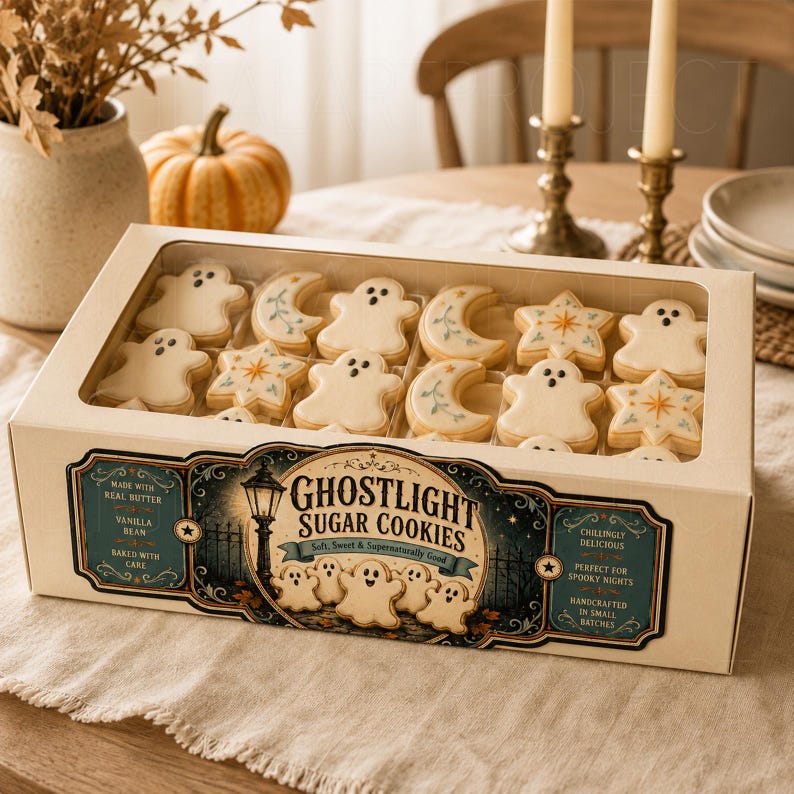 K&ouml;nnte beinhalten: Ein rechteckiger Karton mit verschiedenen Zuckerpl&auml;tzchen in Form von Geistern, Mondsicheln und Sternen. Die Schachtel tr&auml;gt ein Etikett mit dem Text GHOSTLIGHT SUGAR COOKIES, Soft, Sweet & Supernaturally Good, Made with Real Butter, Vanilla Bean, Baked with Care, Chillingly Delicious, Perfect for Spooky Nights, Handcrafted in Small Batches.