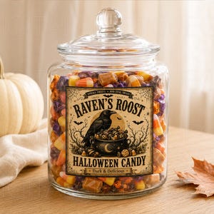 May include: A clear glass jar with a lid filled with assorted candies. The jar features a rectangular label with a black raven, a cauldron, and the text Raven's Roost Halloween Candy, Dark & Delicious, Spooky Sweets, Boo-tiful Treats.