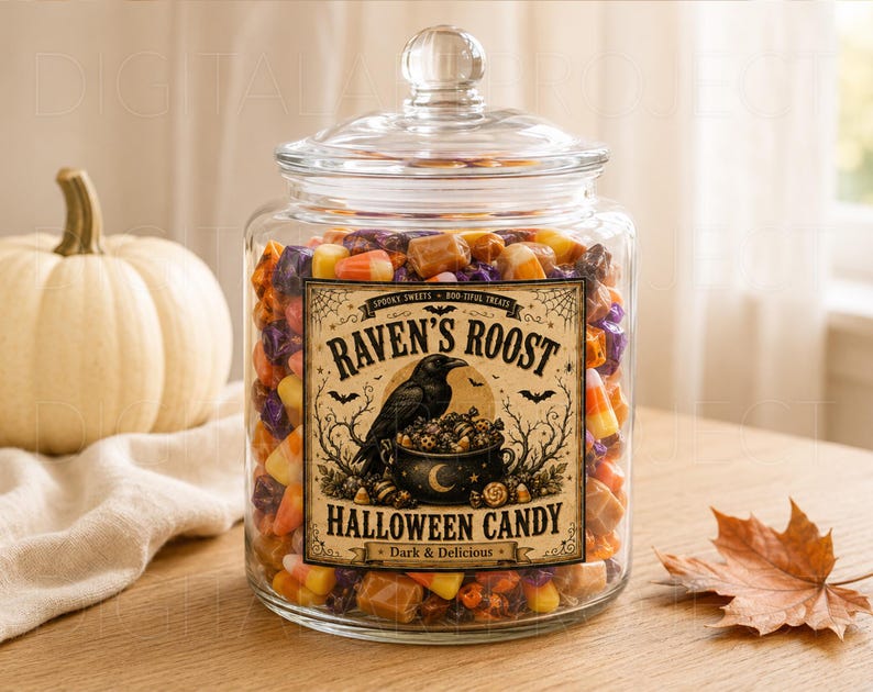 May include: A clear glass jar with a lid filled with assorted candies. The jar features a rectangular label with a black raven, a cauldron, and the text Raven's Roost Halloween Candy, Dark & Delicious, Spooky Sweets, Boo-tiful Treats.