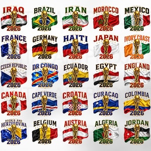 May include: A collection of 24 flag designs, each featuring a country's flag, the year 2026, and a golden trophy. The flags represent various nations, including Iraq, Brazil, Iran, Morocco, Mexico, France, Germany, Haiti, Japan, and Ivory Coast.