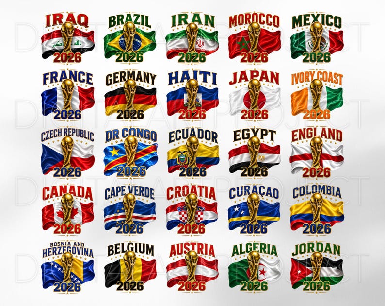 May include: A collection of 24 flag designs, each featuring a country's flag, the year 2026, and a golden trophy. The flags represent various nations, including Iraq, Brazil, Iran, Morocco, Mexico, France, Germany, Haiti, Japan, and Ivory Coast.
