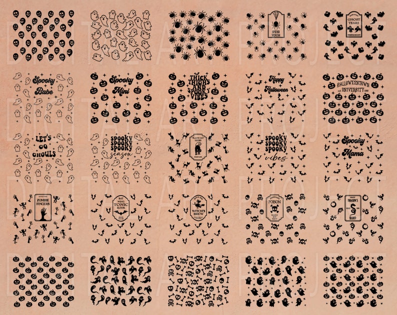 May include: A collection of Halloween-themed designs in black on a tan background. The designs include ghosts, spiders, pumpkins, bats, and text such as "Spooky Babe", "Happy Halloween", and "Zombie Fingers".