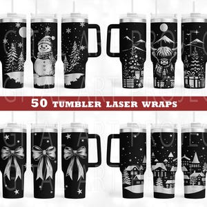 May include: Set of 10 black and white tumbler laser wraps featuring various winter holiday designs. The designs include a snowman, a highland cow, a winter village, and a bow. The wraps are designed to be used on 20 oz tumblers.