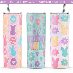 May include: Three 20 ounce stainless steel tumbler designs featuring Easter bunny and egg patterns. The tumblers are pink, blue, and white with glitter accents. The designs include bunnies, eggs, flowers, and the words "Bunny Bunny".