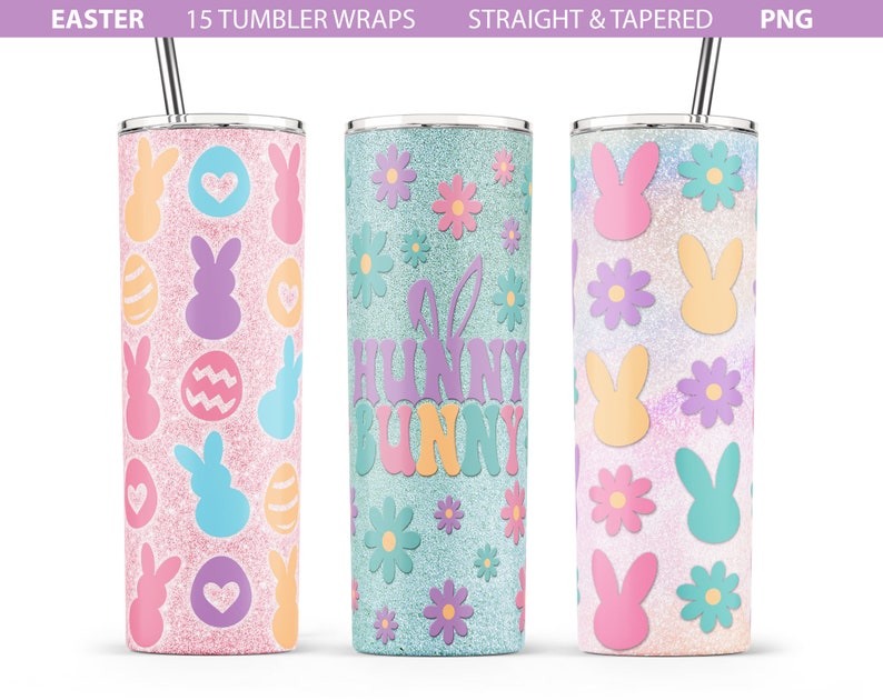 May include: Three 20 ounce stainless steel tumbler designs featuring Easter bunny and egg patterns. The tumblers are pink, blue, and white with glitter accents. The designs include bunnies, eggs, flowers, and the words "Bunny Bunny".