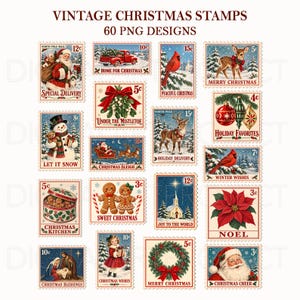 Könnte beinhalten: Eine Sammlung von 60 weihnachtlichen Briefmarkendesigns im Vintage-Stil mit festlichen Illustrationen wie dem Weihnachtsmann, Schneemännern, Rentieren, Kardinälen, Weihnachtssternen und Text. Jede rechteckige Briefmarke zeigt ein Motiv.
