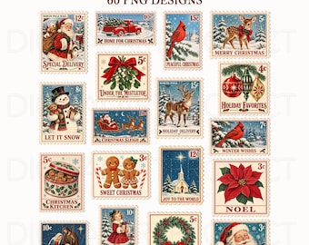 Vintage Christmas Postage Stamps PNG Bundle, Retro Holiday Clipart for Cards and Scrapbooking