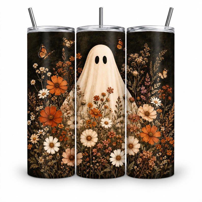 May include: A cylindrical tumbler with a lid and straw featuring a dark background printed with a white ghost figure surrounded by various orange, white, and brown wildflowers and several orange monarch butterflies scattered throughout the design.