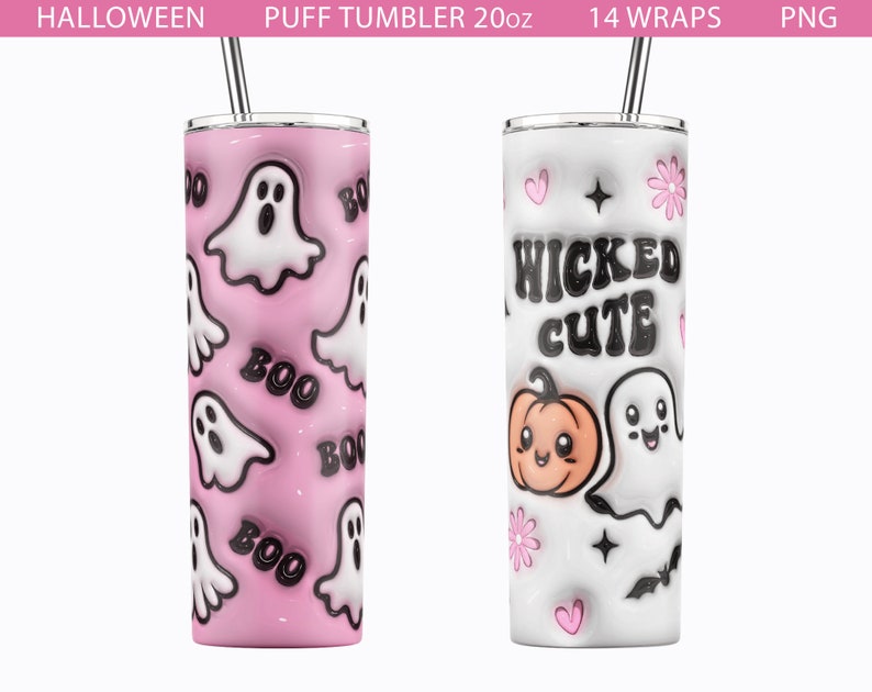 May include: Two 20oz stainless steel tumblers with Halloween designs. The pink tumbler has a ghost and "BOO" pattern. The white tumbler has a pumpkin, ghost, and the text "WICKED CUTE".